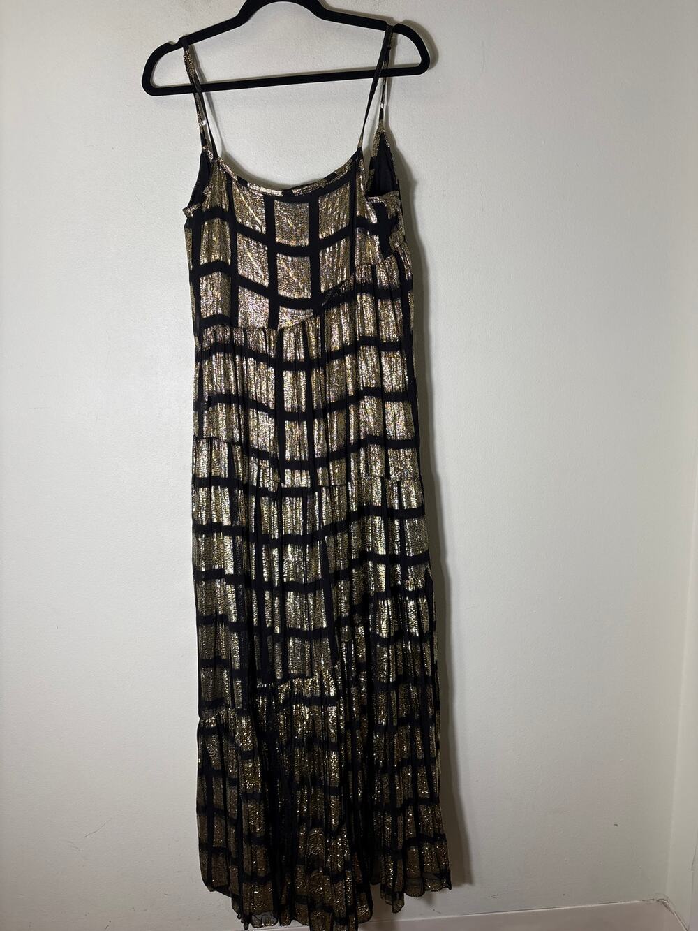 Muche et Muchette Gold Lame Black Checked Backless Maxi Dress Sz M